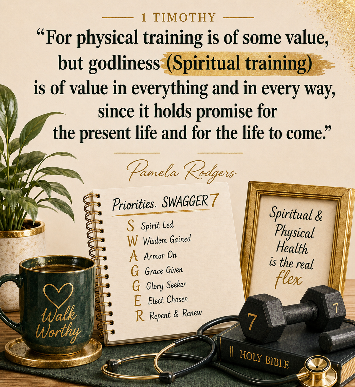 1 Timothy 4:8 — For physical training is of some value, but godliness (Spiritual training) is of value in everything. Spiritual and Physical Health is the real flex. SWAGGER 7 priorities by Pamela Rodgers.
